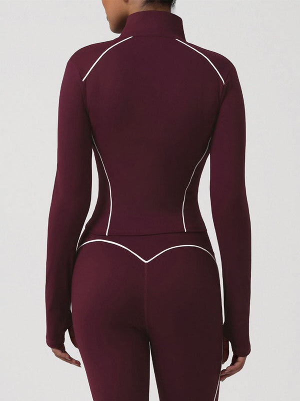 Contrast Trim Workout Jacket Zip Up Long Sleeve Coat