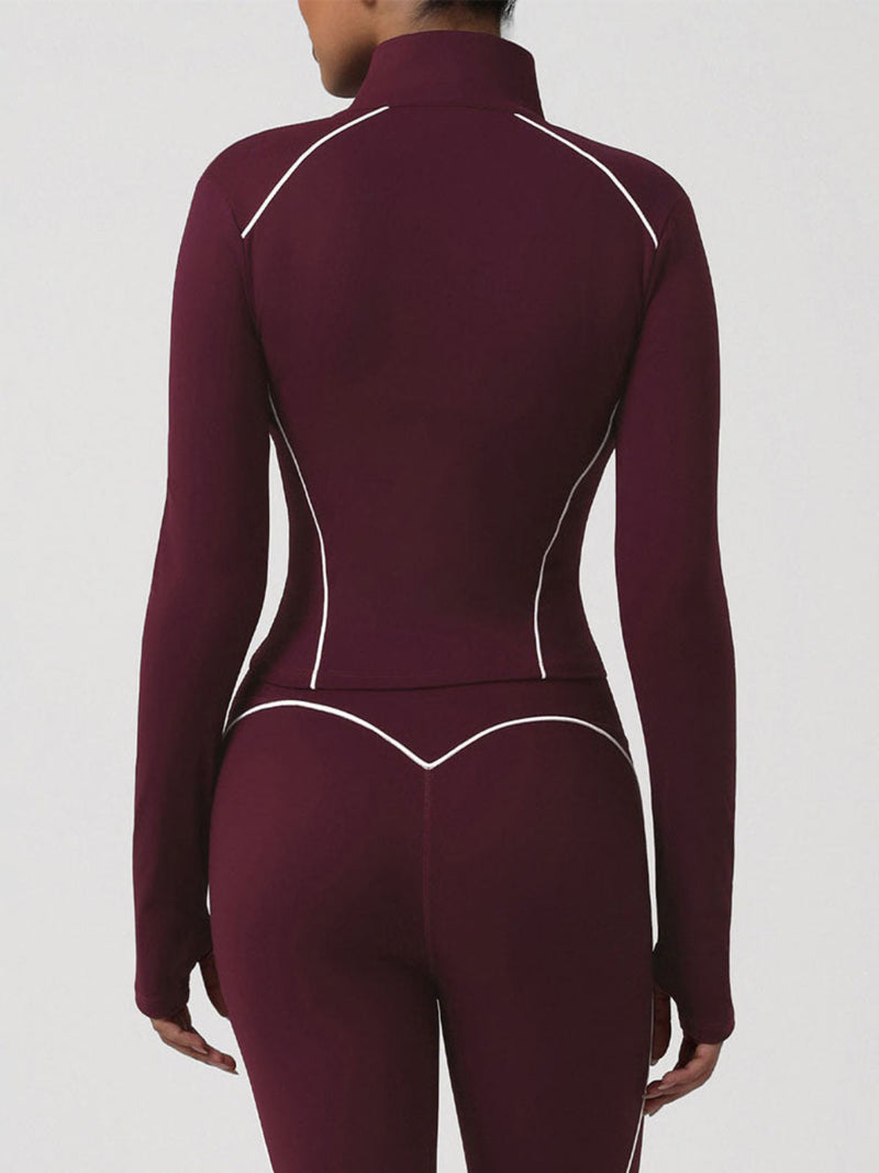 Contrast Trim Workout Jacket Zip Up Long Sleeve Coat