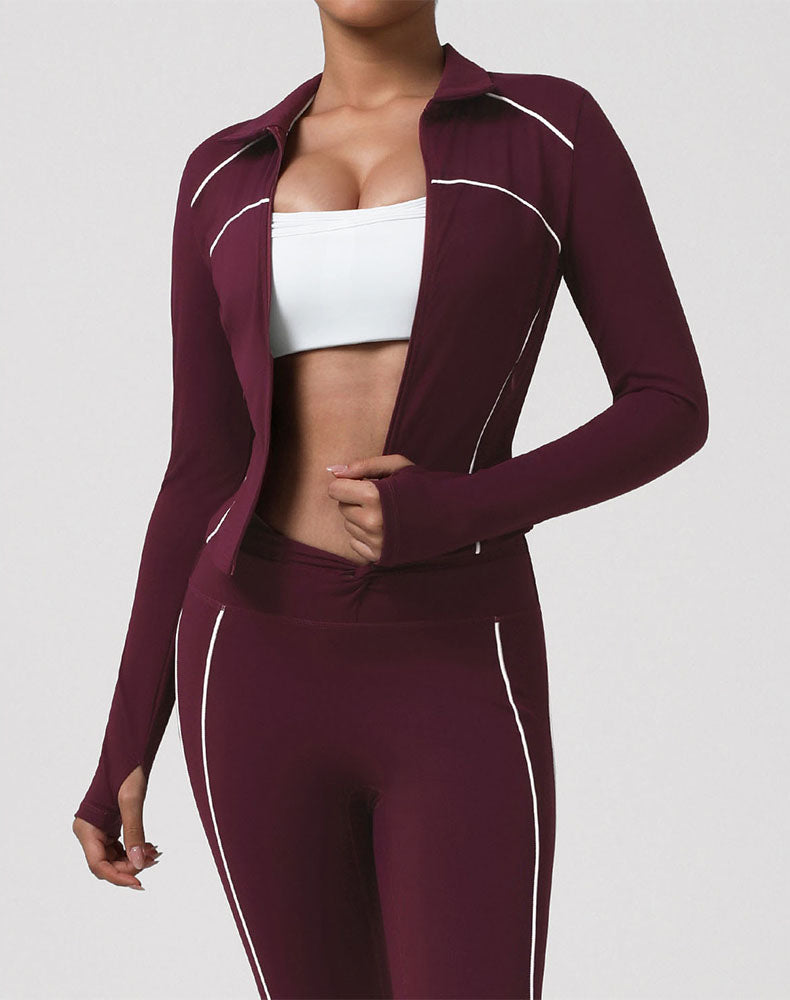 Contrast Trim Workout Jacket Zip Up Long Sleeve Coat