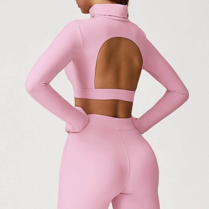 Backless Turtleneck Crop Top Long Sleeve Yoga T-Shirt