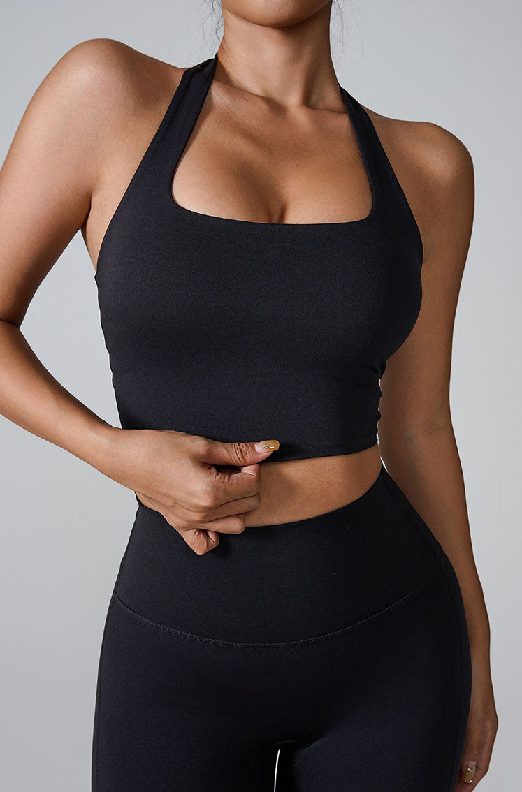 Sleeveless Sports Halter Crop Tank with Built-In Bra
