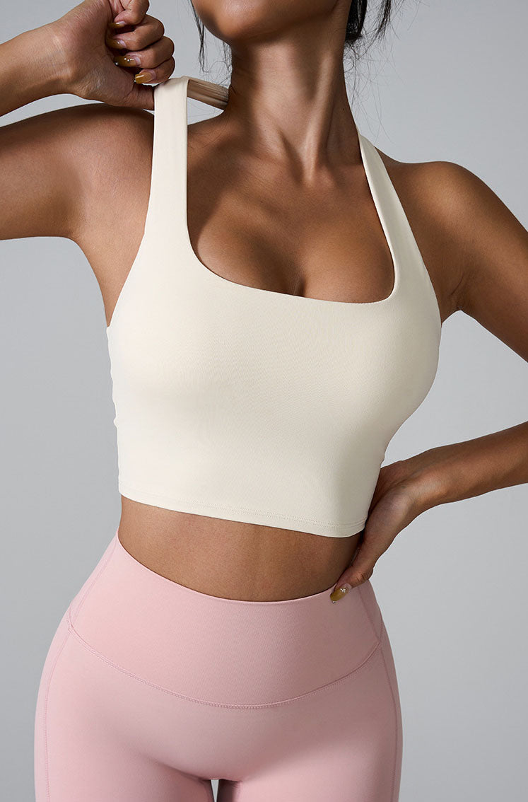 Sleeveless Sports Halter Crop Tank with Built-In Bra