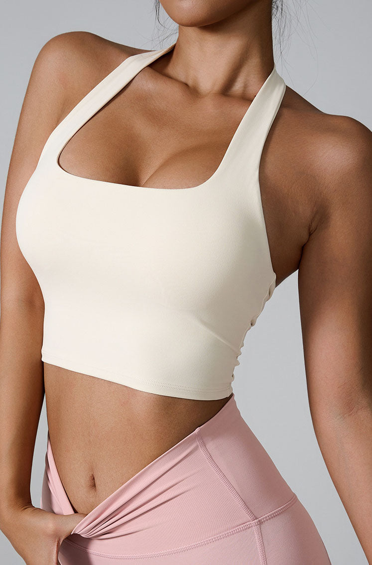 Sleeveless Sports Halter Crop Tank with Built-In Bra