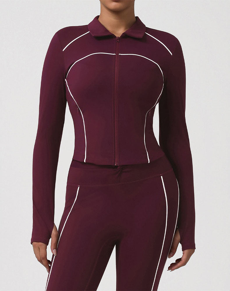 Contrast Trim Workout Jacket Zip Up Long Sleeve Coat