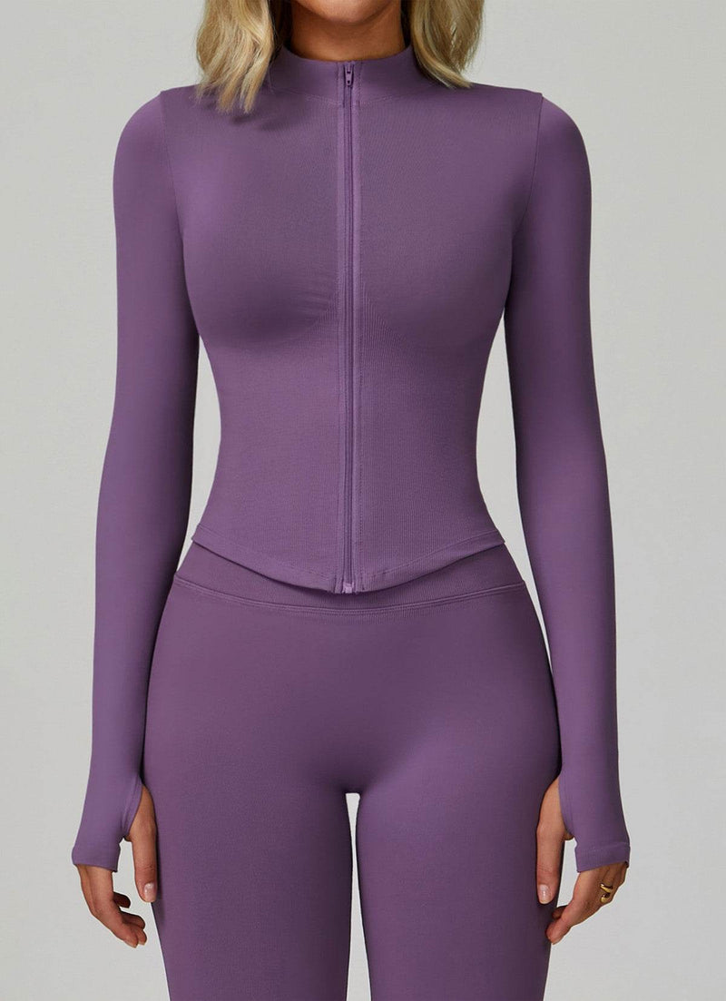 Full Zip Cropped Workout Jacket with Thumb Holes