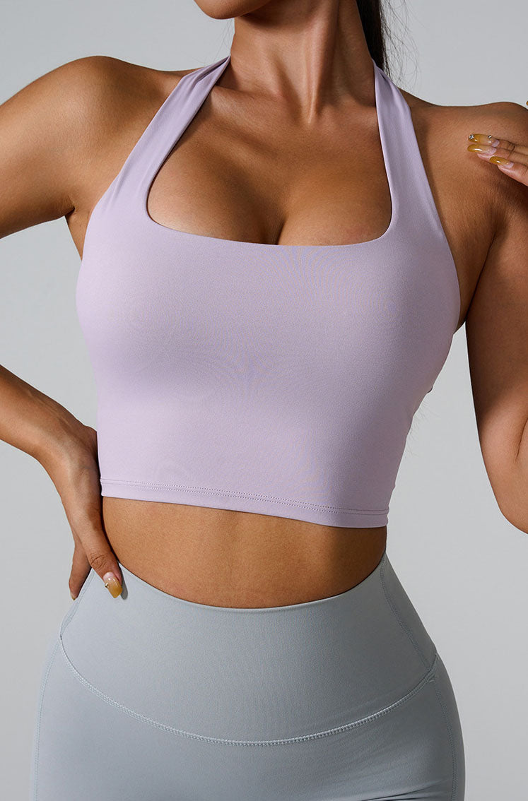 Sleeveless Sports Halter Crop Tank with Built-In Bra