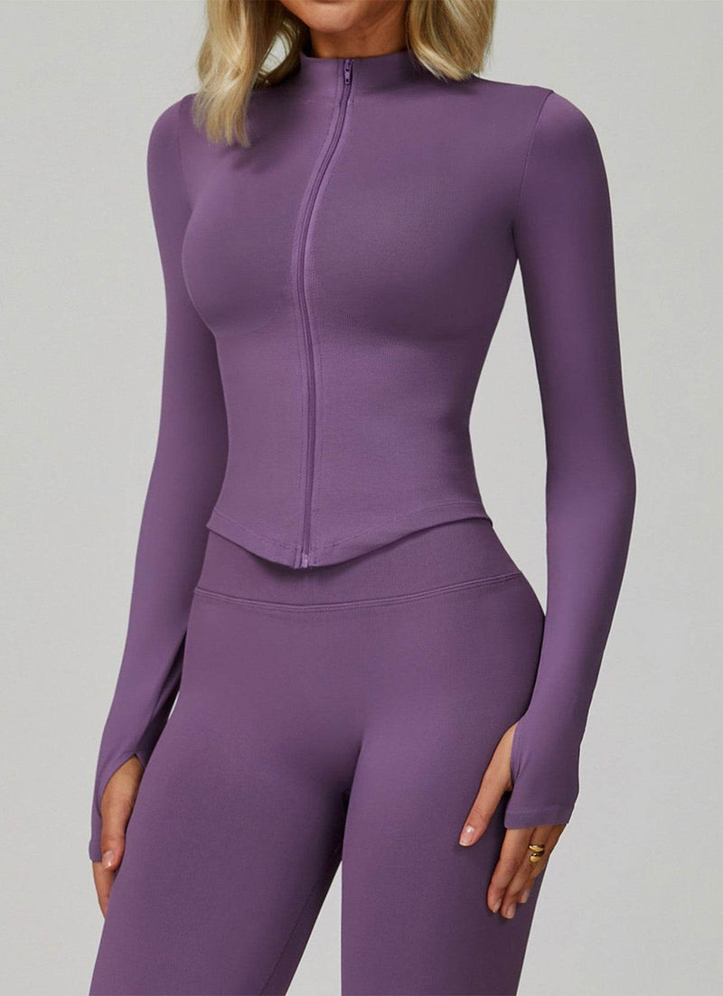 Full Zip Cropped Workout Jacket with Thumb Holes