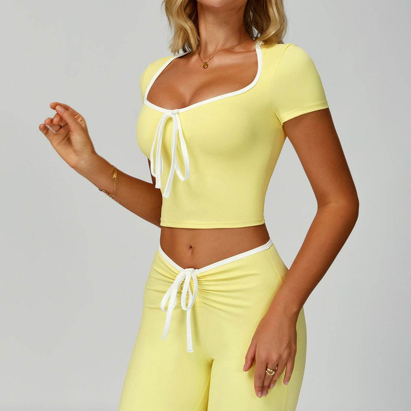 Short Sleeve Bow Sport Crop Tops Color Block Tees