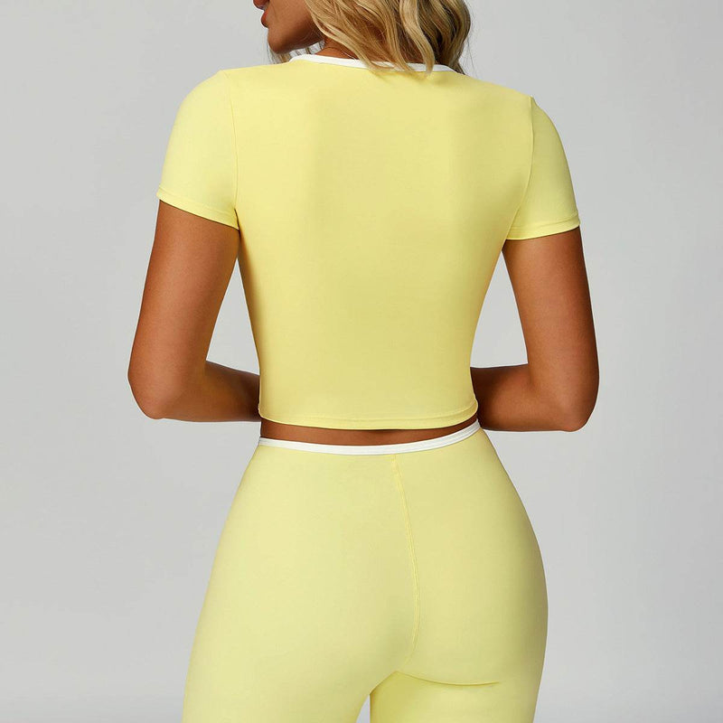 Short Sleeve Bow Sport Crop Tops Color Block Tees