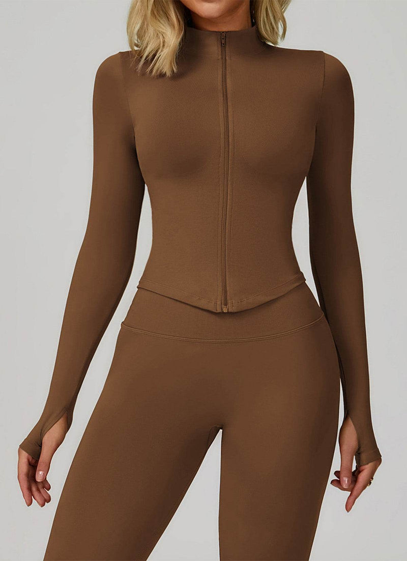 Full Zip Cropped Workout Jacket with Thumb Holes