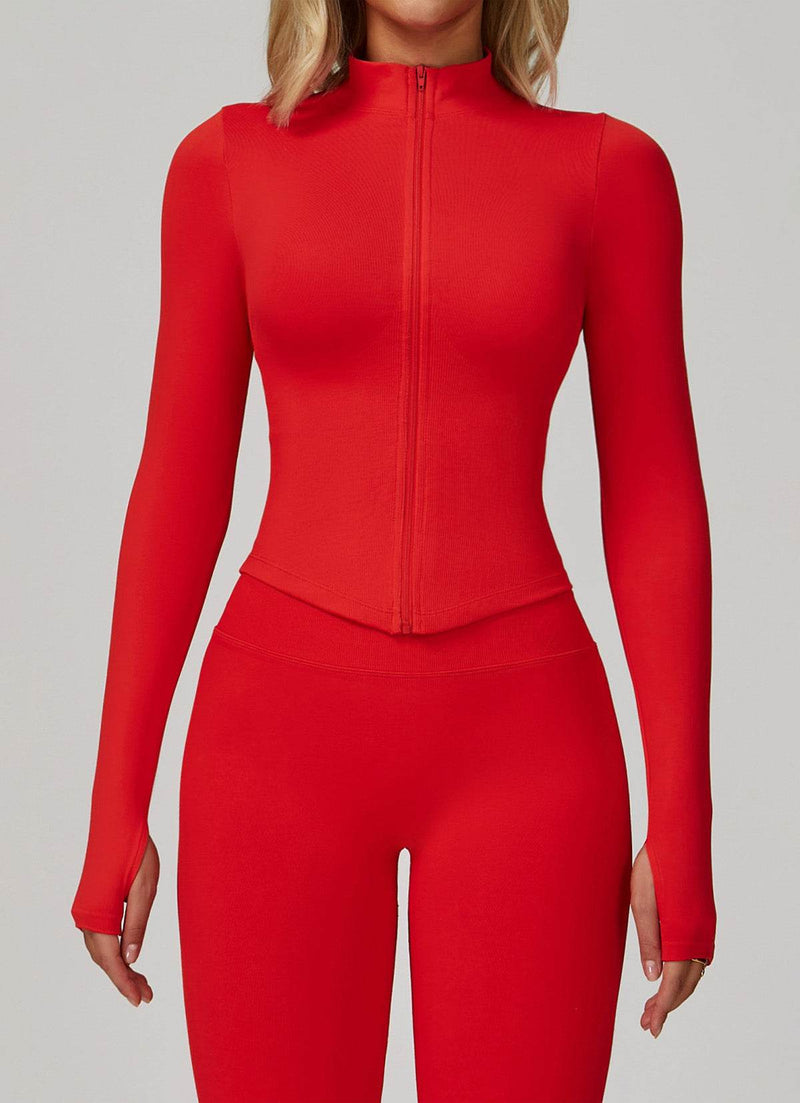 Full Zip Cropped Workout Jacket with Thumb Holes