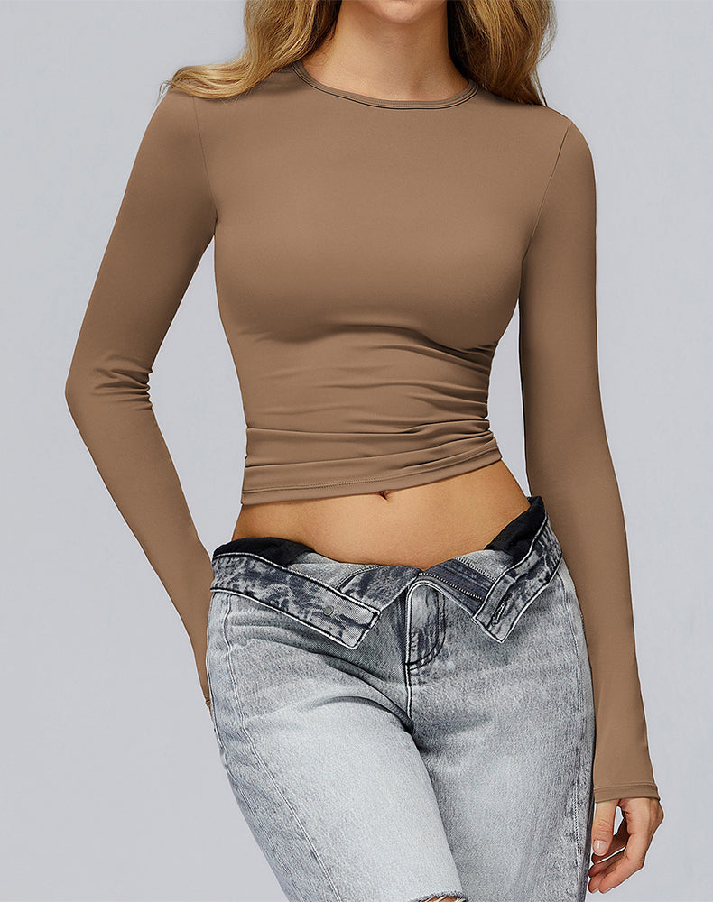 Crewneck Long Sleeve Shirt Basic Tees Slim Fit Crop Tops