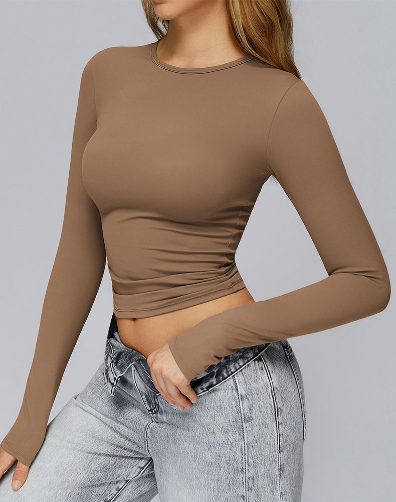 Crewneck Long Sleeve Shirt Basic Tees Slim Fit Crop Tops