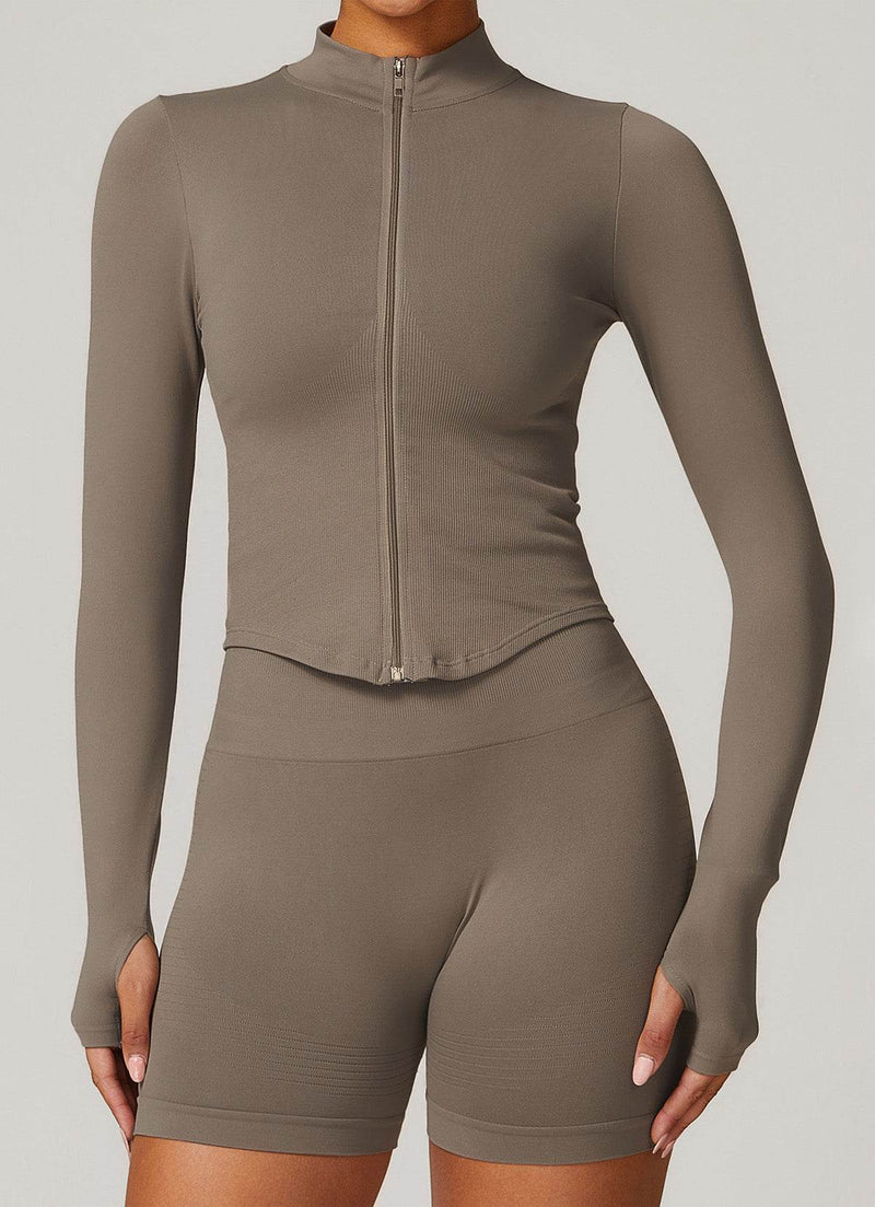 Full Zip Cropped Workout Jacket with Thumb Holes