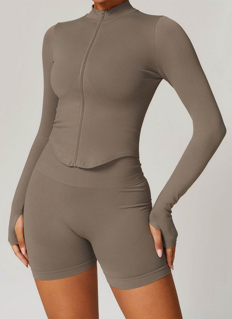 Full Zip Cropped Workout Jacket with Thumb Holes