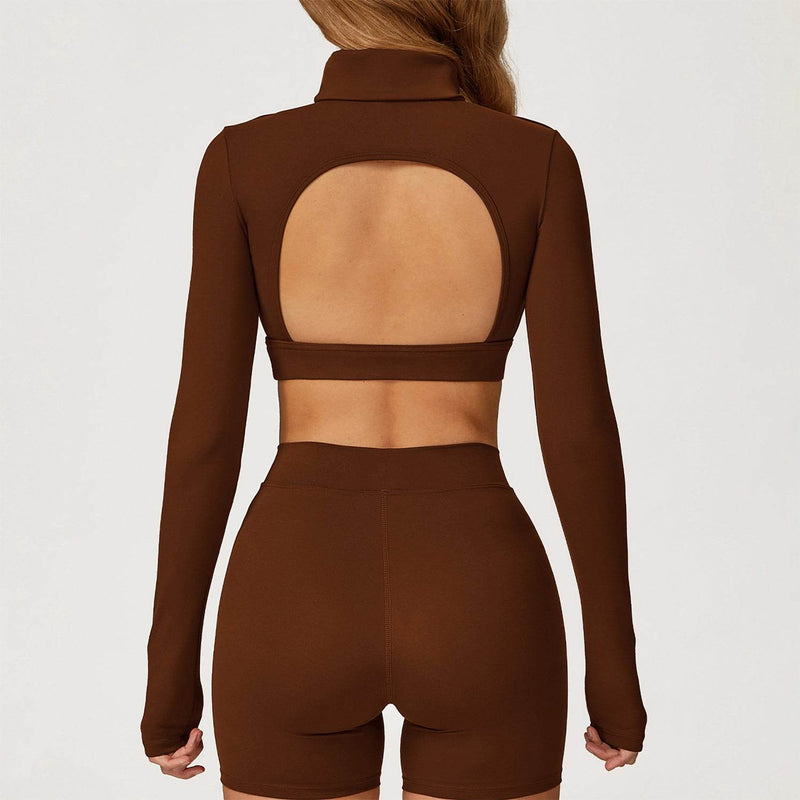 Backless Turtleneck Crop Top Long Sleeve Yoga T-Shirt