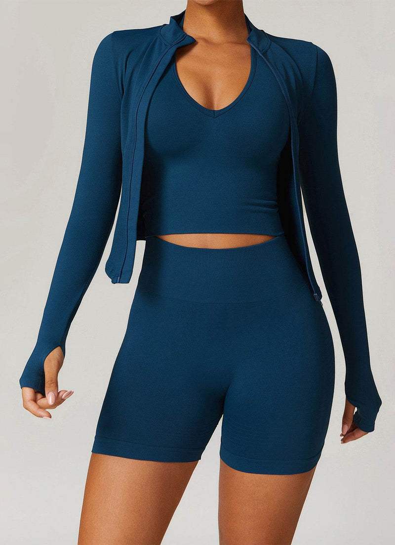 Full Zip Cropped Workout Jacket with Thumb Holes