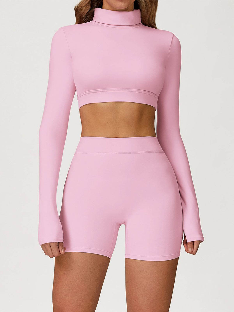 Sport Set with Turtleneck Long Sleeve Crop Top and Short