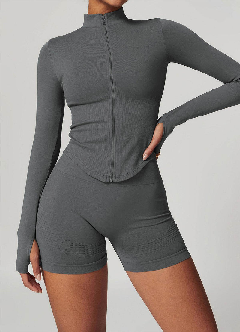 Full Zip Cropped Workout Jacket with Thumb Holes