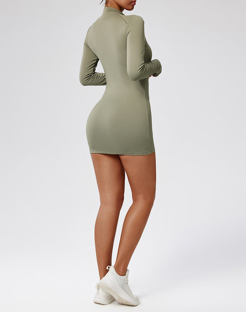 Long Sleeve Slim Fit Zip Tennis Dresses with Thumb Holes