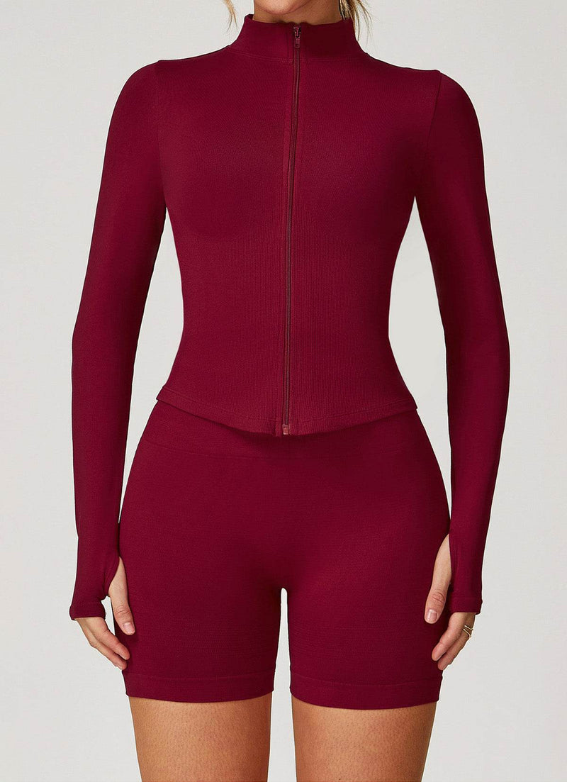 Full Zip Cropped Workout Jacket with Thumb Holes