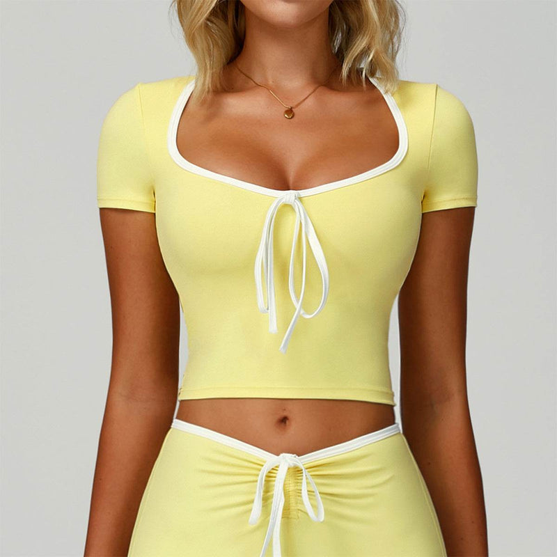 Short Sleeve Bow Sport Crop Tops Color Block Tees
