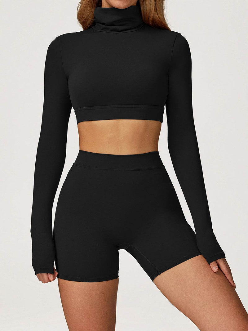 Sport Set with Turtleneck Long Sleeve Crop Top and Short