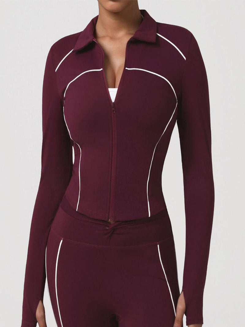 Contrast Trim Workout Jacket Zip Up Long Sleeve Coat