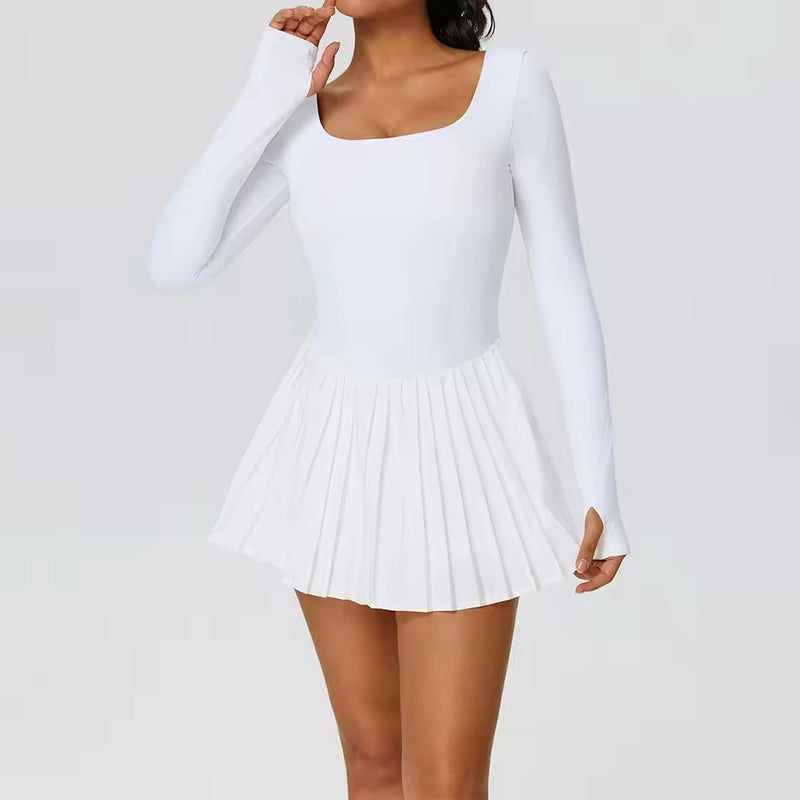 Women’s Tennis Dress – Long Sleeve Backless Pleated Outfit