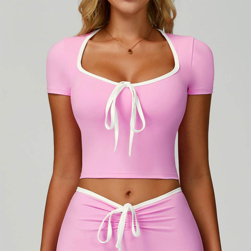 Short Sleeve Bow Sport Crop Tops Color Block Tees